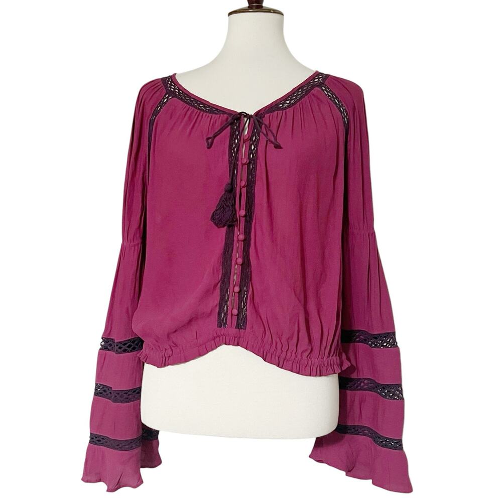 Free‎ People Purple V Neck Elastic Waist Bell Sleeve Blouse Size Medium